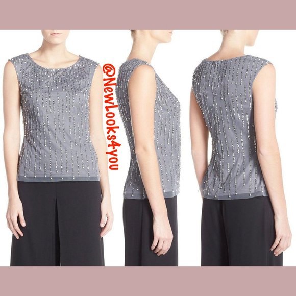 NEW $148 Adrianna Papell‎ Pearl Beaded Mesh Top Blouse in Grey [SZ 14 16 ] - Picture 1 of 5